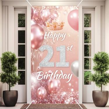 Imagem de Faixa rosa rosa feliz aniversário 21 anos pano de fundo diamante glitter tema decoração para meninas princesa festa de aniversário decoração decoração suprimentos 89 x 182 cm BECKTEN