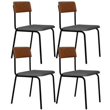 Imagem de Kit 04 Cadeiras Estofada Para Sala De Jantar Sense Preto C01 Linho Cinza Claro Courino Caramelo - Lyam Decor