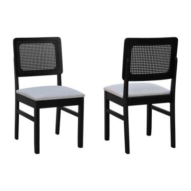 Imagem de Kit 2 Cadeiras Madeira Maciça Lyon Encosto Telinha - Preto Assento Estofado Linho Bege Mescla Impermeável