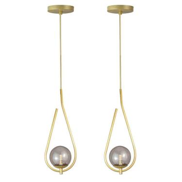 Imagem de Kit 2 Pendentes Lustres On Drop Dourado Globo De Vidro Fume