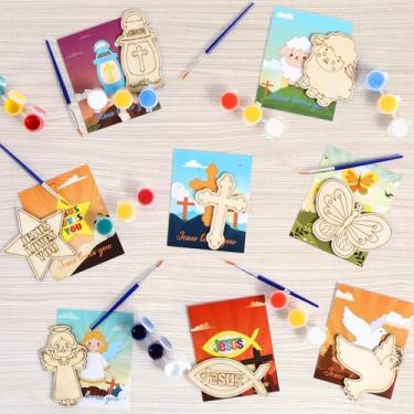 Imagem de 24 Sets Jesus Religious Crafts Kits for Kids Christian Wood Painting Crafts with Jesus Loves You Word Search Cards DIY Color Your Own Religious Ornaments for Sunday School Classroom Art Party Activity