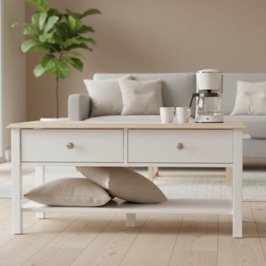 Imagem de Mesa de Centro 2 Gavetas 100cm Tampo de Madeira Maciça Escovada Louise Branco / Patina