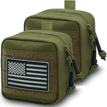Imagem de Bolsa utilitária Tactical MOLLE Admin com bandeira, corte a laser 10 x 10 cm, bolsa pequena para cinto de ferramentas, com divisória interna e bolso de vinil removível (pacote com 2 - verde)