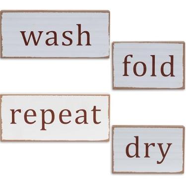 Imagem de Capiont 4 peças de placas de lavanderia engraçadas - lavagem, secar, dobrar, repetir placa engraçada para lavanderia, blocos de madeira, decoração de casa de fazenda rústica para casa de banho