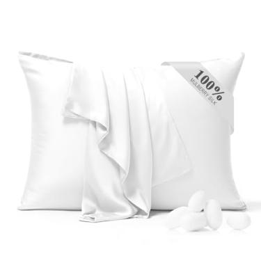 Imagem de BYDHZN Fronha 100% seda pura, pacote com 2 para cabelo e pele, ambos os lados 23 Momme Grade 6A+ fronhas de seda amoreira com zíper oculto, fronhas macias e suaves (branco, King 20 x 36)