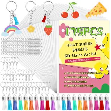 Imagem de Kit de 175 folhas de plástico retrátil com 25 pacotes de papel de tinta retrátil, 30 chaveiros, 20 borlas, 100 clipes de chaveiro, folhas de papel de filmes retráteis lixados para crianças, artesanato