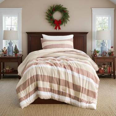 Imagem de Regency Heights Conjunto de edredom e fronha de solteiro listrado de 2 peças – Roupa de cama reversível de microfibra escovada macia para todas as estações, leve e respirável, lavável na máquina