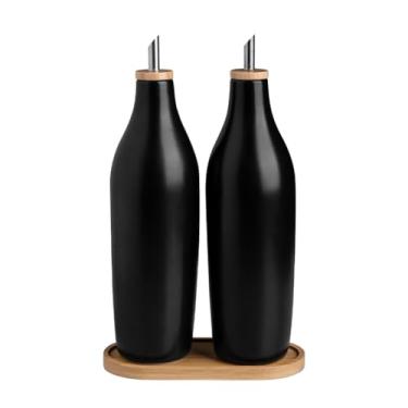Imagem de Sweejar Garrafas dispensadoras de azeite de oliva de cerâmica fosca com bandeja de bambu, conjunto de dispensador de óleo de 500 ml para balcão de cozinha, galheteiro de óleo opaco para cozinhar, EVOO