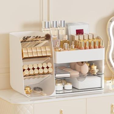 Imagem de FYABREEK Organizador de maquiagem com 2 m de gavetas e porta-pincéis – Estojo de armazenamento de cosméticos para penteadeira, bancada e mesa de banheiro – Organizador de cuidados com a pele e