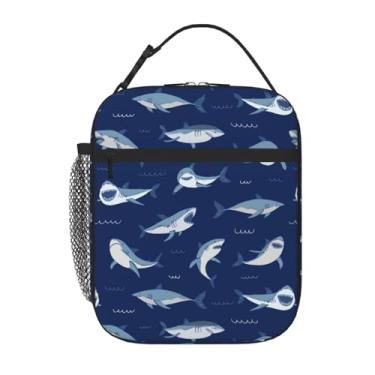 Imagem de Lancheira com isolamento azul escuro tubarão, lancheira infantil para meninas, meninos, adolescentes, lancheira para crianças, bolsa térmica com bolso frontal para mulheres e homens, lancheira