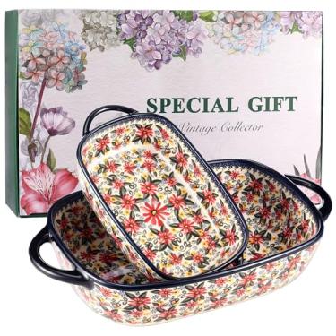 Imagem de Conjunto de 2 assadeiras de cerâmica – Caçarola decorativa estilo cerâmica polonesa com alças, lindo conjunto de utensílios de assadeira de lasanha seguro para forno (calêndula selvagem)