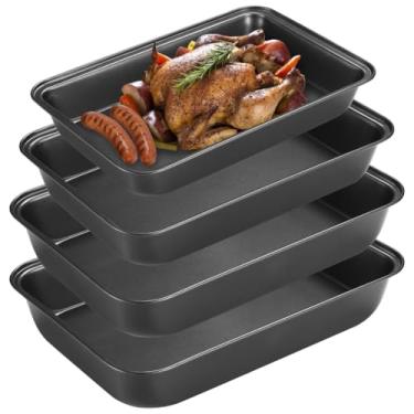 Imagem de Conjunto de 4 bandejas de forno de aço carbono, assadeira retangular, conjunto de bandeja de forno, lavável na lava-louças, assadeiras e assadeiras, antiaderentes