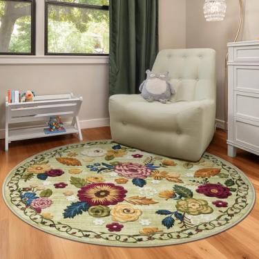Imagem de GERUIMO Tapete redondo lavável de 1,2 m para sala de estar, floral boho vintage, grande, antiderrapante, tapete de lã sintética macia, adequado para crianças e animais de estimação para quarto, sala