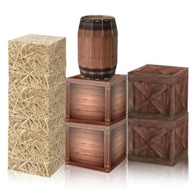 Imagem de Conjunto de 8 caixas de fardos de feno - decorações de festa pirata, decorações de festa caubói ocidental, caixas de grãos de madeira, caixa de barril de vinho para decoração de festa do oeste