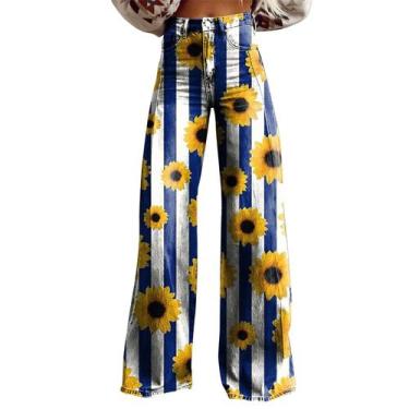Imagem de Calças femininas vintage com estampa floral larga RTJTGXF azul