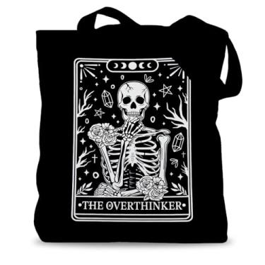 Imagem de LADOCK Sacola engraçada de esqueleto gótico, sacola de lona com cartão de tarô bruxo Overthinker para mulheres, Dark Academia Goth Skull Witchy reutilizáveis sacolas de compras de supermercado