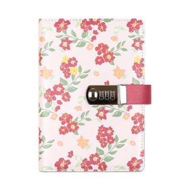 Imagem de WREWING Diário de senha floral com cadeado, caderno recarregável A5, 224 páginas, cadernos de couro PU, diário bloqueado por senha para mulheres e adolescentes, diário secreto floral para viagens de