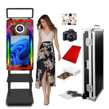 Imagem de Cabine fotográfica Magic Mirror com tela sensível ao toque de 54,6 cm, mini PC embutido, com lâmpada quadrada, máquina de cabine fotográfica, para casamentos, Natal (preto, cabine fotográfica com