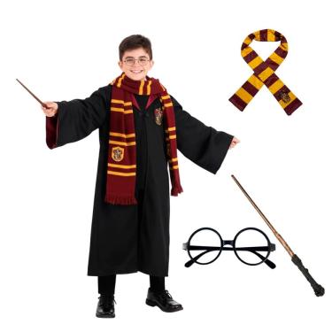 Imagem de Fantasia Harry Potter Infantil Completa Cosplay Bruxo Grifinoria Uniforme Escola Hogwarts Feitiçaria Halloween Carnaval