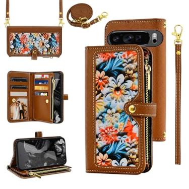 Imagem de Furiet Capa carteira floral para Google Pixel 9/9 Pro/10/10 Pro 5G com alça de pulso/ombro flip com zíper, suporte para cartão de crédito para Pixel9 9Pro/Pixel10 10Pro Nine Ten Women Brown