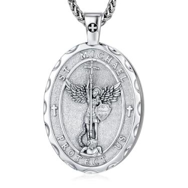 Imagem de Colar de medalhão oval de São Miguel, cobre banhado a ouro, pingente de 5 x 3 cm com corrente de 40 cm + 5 cm, medalha de oração de proteção religiosa, colares com pingente de cruz religiosa com