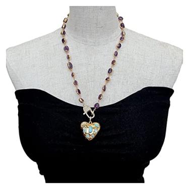 Imagem de URMIBDAI Colares femininos ametista com colar galvanizado pingente em forma de coração larimar azul para mulheres