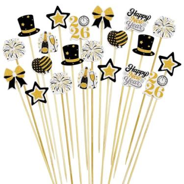 Imagem de 200PCS Happy New Year Wooden Cocktail Picks 2026 – New Year Eve Appetizer Fruits Sticks Toothpicks Cupcake Toppers Party Supplies Decorations