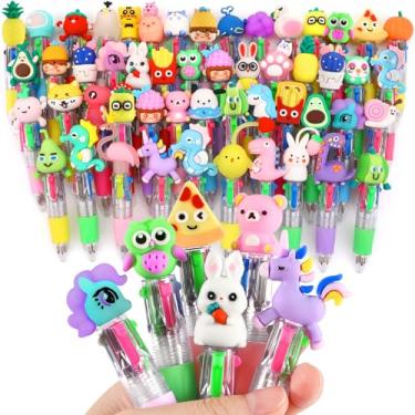 Imagem de arscniek Pacote com 60 canetas esferográficas multicoloridas 4 em 1 para crianças, lindas canetas kawaii com tinta sortida, lembrancinhas de festa divertidas, material escolar, presentes de