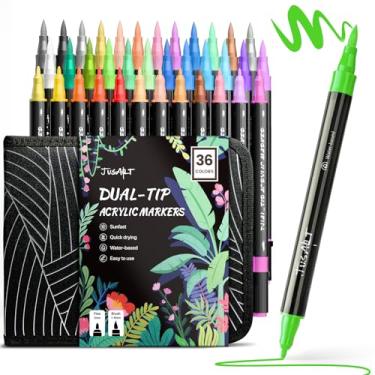 Imagem de JusArt Conjunto de marcadores de tinta acrílica de 36 cores com bolsa, ponta dupla com ponta de pincel e canetas de tinta de ponta fina para pintura rupestre, madeira, ovo, tela, vidro, pedra