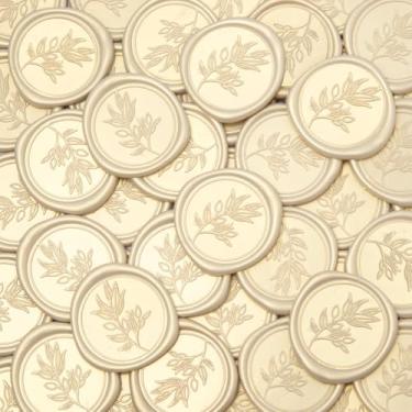 Imagem de Pilloze 50 peças de adesivos de cera autoadesivos branco marfim para casamento, estilo ramo de oliveira, selo de cera perfeito para convite de casamento ou envelope Boa adesão e fácil de usar