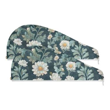 Imagem de SEHANY Toalha de cabelo de microfibra de flores coloridas elegantes para mulheres, 2 peças, turbantes de cabelo de secagem rápida com botão, touca de cabelo seco absorvente toalha de secagem de cabelo