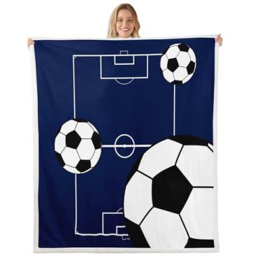 Imagem de Erosebridal Cobertor de lã de futebol 127 x 152 cm, tema esportivo para meninos, cobertor de lã de ovelha quente, estampa de bola de futebol, quadra de futebol, felpudo, playground, azul, branco