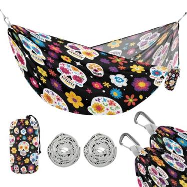 Imagem de ATTX Rede de acampamento Sugar Skull Flower – Redes leves e portáteis, capacidade de 150 kg para uso interno, caminhadas, mochilão, viagens, quintal, praia (380)