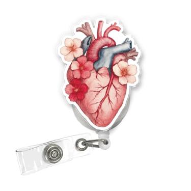 Imagem de ULTRAVUTT Carretel de crachá de coração de anatomia floral cardíaca – porta-identidade retrátil com clipe jacaré para enfermeiras, médicos, assistentes médicos, estudantes, pediatria, funcionários de