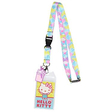 Imagem de Cordão de crachá de identificação pastel Hello Kitty da Sanrio com pingente de borracha para copo de gatinho