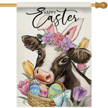 Imagem de Dyrenson Vaca de Páscoa feliz 71 x 101 bandeira de casa dupla face, cesta de ovos de páscoa tulipa fazenda jardim decoração de quintal, primavera fazenda serapilheira decoração ao ar livre bandeira