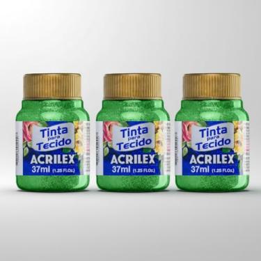 Imagem de Kit com 3 Tintas para Tecido Glitter Acrilex Verde 206 37ml | Brilho Intenso, Alta Fixação, Secagem Rápida e Resistência Superior às Lavagens
