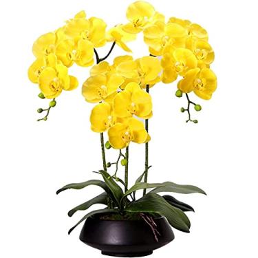 Imagem de LMJYU Conjunto de flores artificiais, arranjos artificiais de flores de orquídea borboleta com vaso, bonsai Phalaenopsis de poliuretano sintético para festa de casamento, amarelo