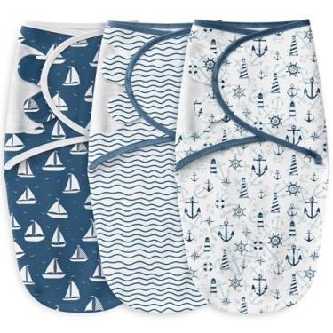 Imagem de Unnivoll Enrolados para bebês recém-nascidos 100% algodão, pacote com 3 cueiros para bebês de 0 a 3 meses, veleiro azul escuro