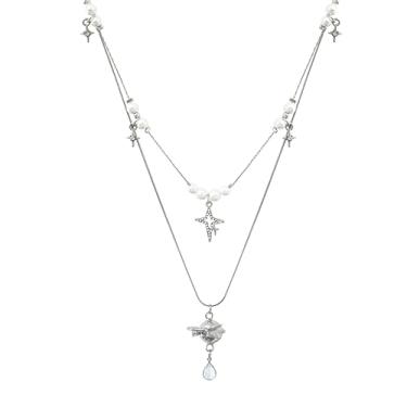 Imagem de Buyongwant Colar Saturno feminino pingente de estrela de pérola corrente de camada dupla moda irregular Y2k joia de prata