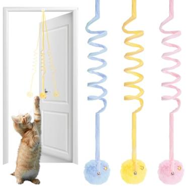 Imagem de FNANJWQ Brinquedos de bola de erva-dos-gatos fofos para pendurar, brinquedos de mola interativos extensíveis para gatos internos brincando com exercícios de estimulação física (3 peças + 2 bolas