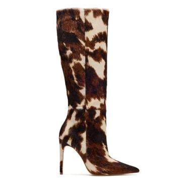 Imagem de DOEYG Botas de cano alto femininas com estampa animal vaca marrom bico fino salto agulha elegante moda bota alta com zíper lateral, Estampa de vaca, 37