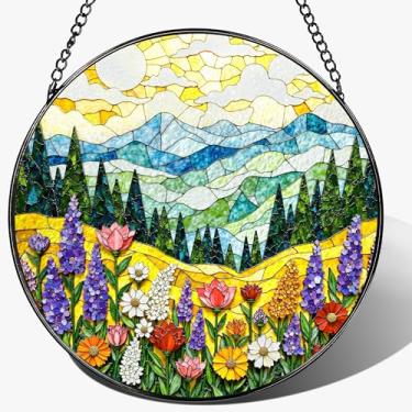 Imagem de Enfeite de vitral de 20 cm, pendurado em vitral, decoração para pendurar na janela, enfeite de flores silvestres de montanha | Natal, dia das mães, aniversário | presente de arte da natureza