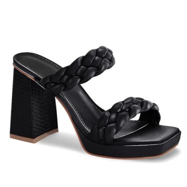 Imagem de Coutgo Sandália feminina de plataforma grossa trançada sem cadarço salto sexy Mules Slide Heels, Preto, 11