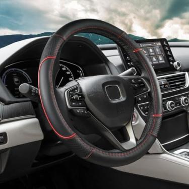 Imagem de ANMOSVO Capa de volante para Honda Civic (2006-2015), CR-Z, Insight, S2000|couro de microfibra e design de segurança antiderrapante | Ajuste personalizado de 35,5 a 37,5 cm (tamanho vermelho-pequeno)