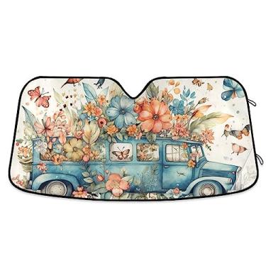 Imagem de Guarda-sol de caminhão azul com flores de borboleta para para-brisas de carro, proteção UV dobrável para janela de carro