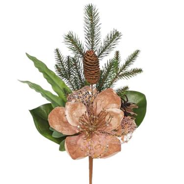 Imagem de Briful Pacote com 2 palhetas de flores de magnólia de Natal de 48 cm, spray de flor de magnólia artificial com pinhas para decoração de guirlanda de vaso de árvore de Natal