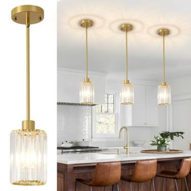 Imagem de GZJunYo Luzes pendentes de cristal, pacote com 3 unidades de luzes pendentes de ouro escovado para ilha de cozinha, mini luminárias de cristal modernas para sala de jantar, corredor, hall de entrada