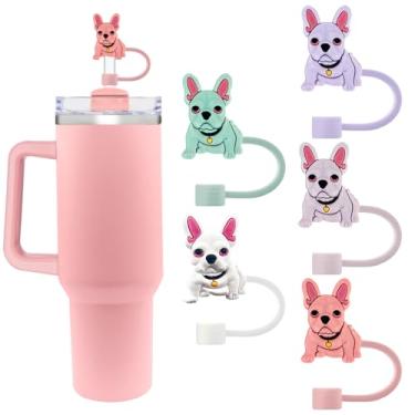 Imagem de Capas de palha de silicone fofas para copos Stanley 20/30/1,134.0 g - 10 mm/0,4 pol. Design de flores tampas à prova de poeira - Protetor reutilizável para canudos de 9-10 mm