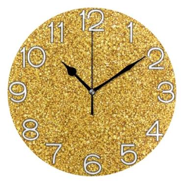 Imagem de Relógio de parede analógico de lantejoulas douradas brilhantes decorativo, quarto, cozinha, silencioso, arte de decoração moderna de meados do século, 25 cm, ponteiros pretos